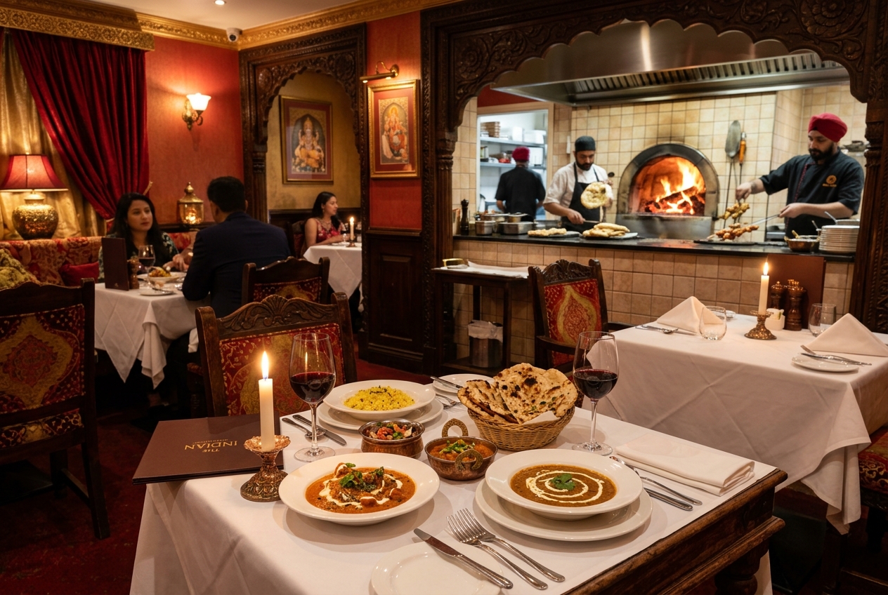 The Indian Grill restaurant interior — candlelit tables, tandoor oven, and authentic North Indian cuisine