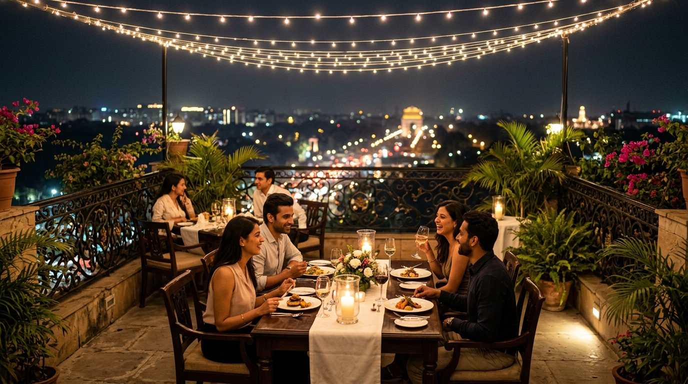 Sky Terrace at Hotel Godwin Deluxe — candlelit dining with Delhi cityscape at night