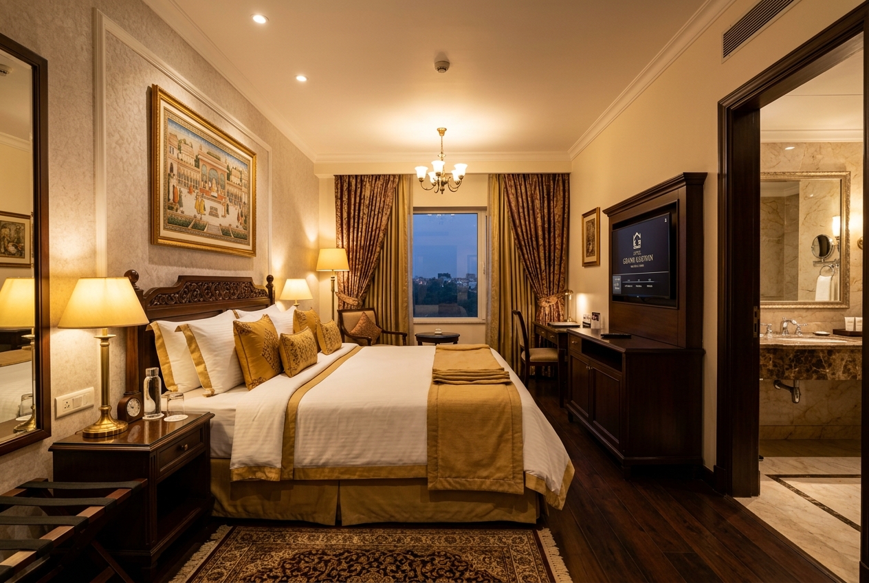 Warm classic room at Hotel Grand Godwin, New Delhi — king bed with Indian art and city view